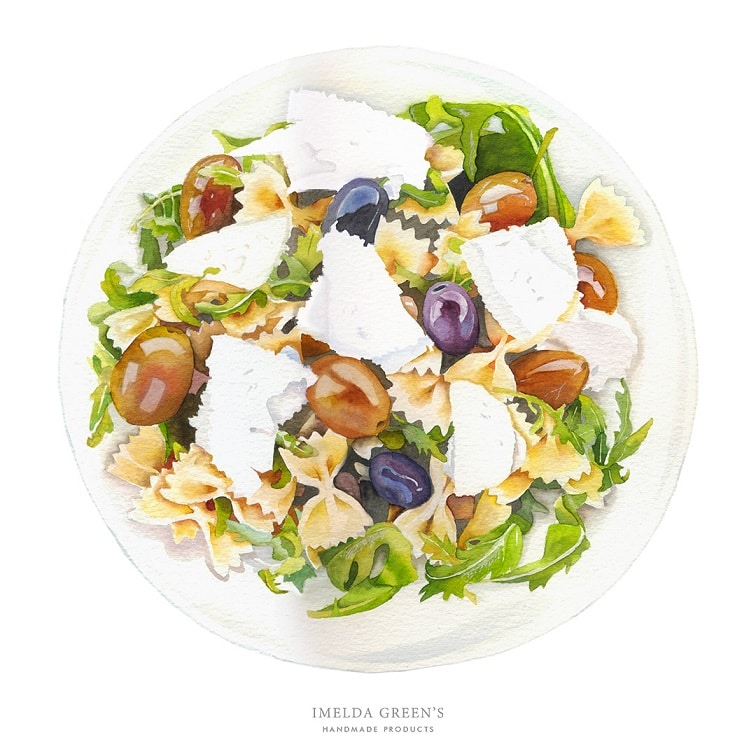 food illustration - pasta salad with olives and farfalle