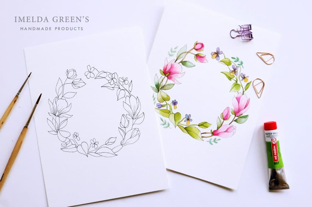Downloadable colouring page | April floral wreath - watercolour tutorial