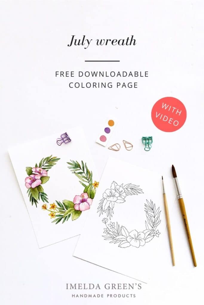 Downloadable colouring page | July floral wreath - watercolour tutorial