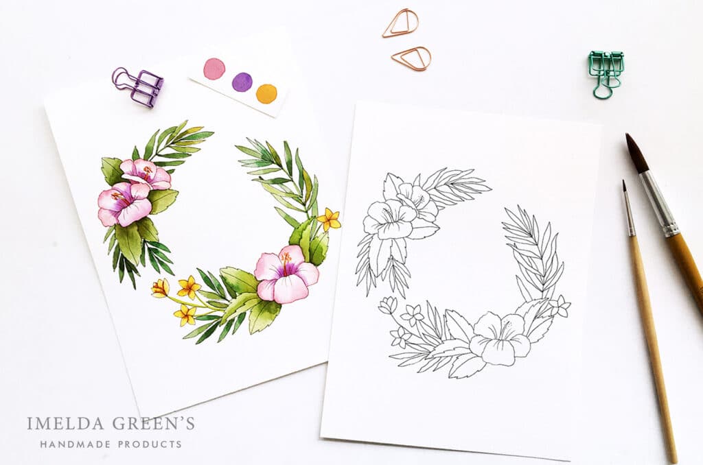 Downloadable colouring page | July floral wreath - watercolour tutorial