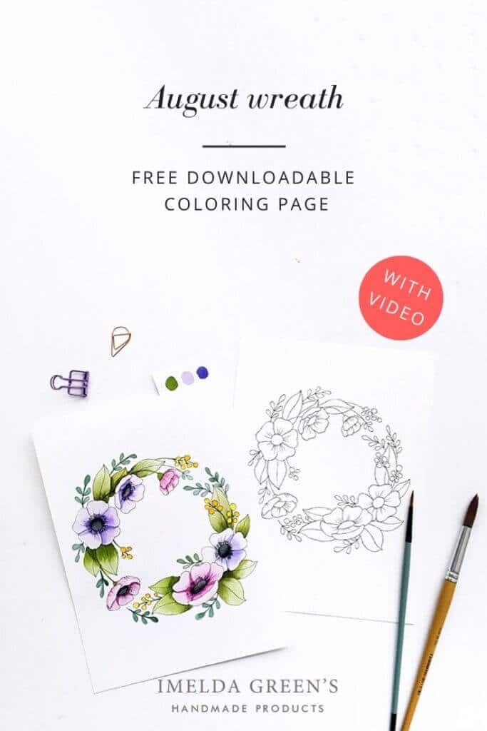 Downloadable colouring page | August floral wreath - watercolour tutorial