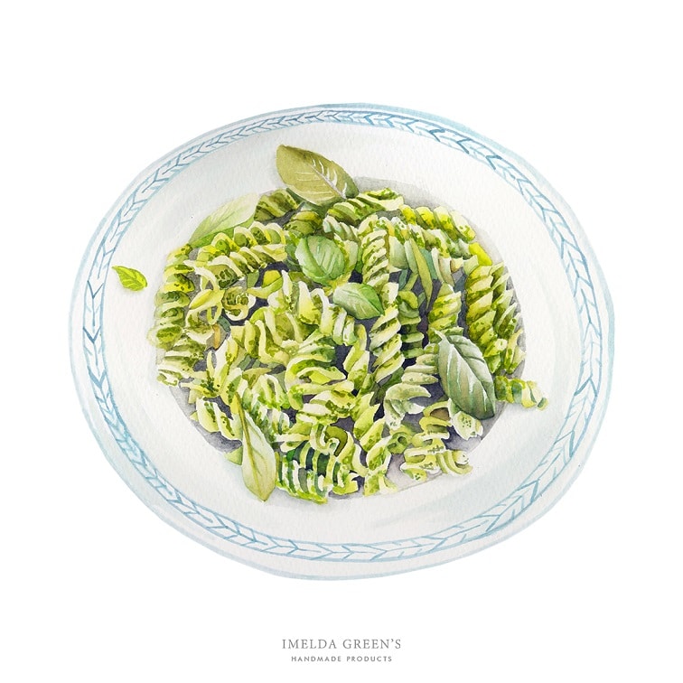 food illustration - pesto pasta - fussili